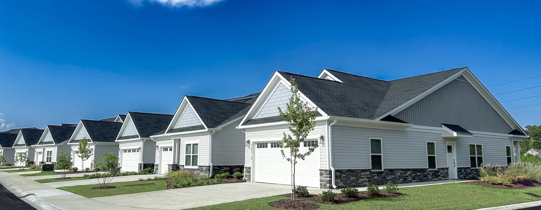 a row of houses with paved driveways and a blue sky in the background