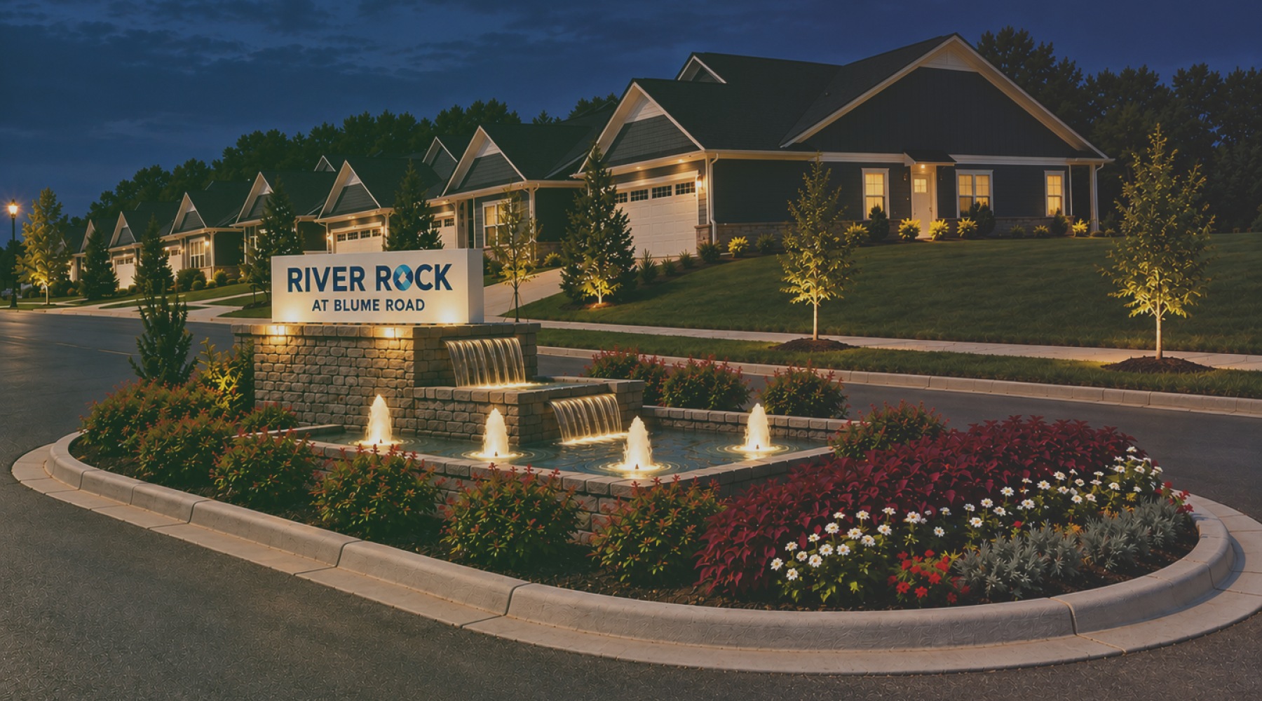 Entrance to RIver Rock at Blume Road at night